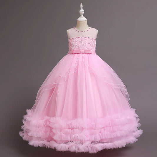 4-12 Years New Girls Wedding Dresses Embroidery Multi-Layer Tulle Silk Belt Bow Sequins Tube Top Flower Girl Princess Puffer Dress