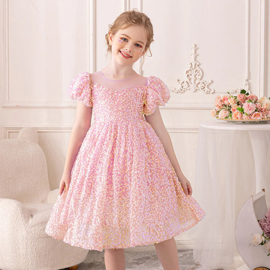 3 To 9 Years Sequin Tulle Gown Newborn Girls Birthday Party Fluffy Dress Babe Puff Sleeve Clothes For Weddings