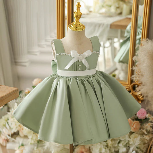 TODDLER PROM DRESS GIRL EASTER DRESS BIRTHDAY PARTY DRESS GREEN BOW SLEEVELESS DRESS