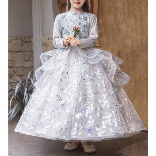 GIRLS BIRTHDAY PRINCESS DRESS CHILDREN PAGEANT LONG SLEEVE DRESS