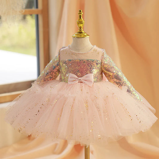 TODDLER PROM DRESS GIRL PRINCESS DRESS AUTUMN SEQUIN BOWKNOT LONG SLEEVE PARTY DRESS