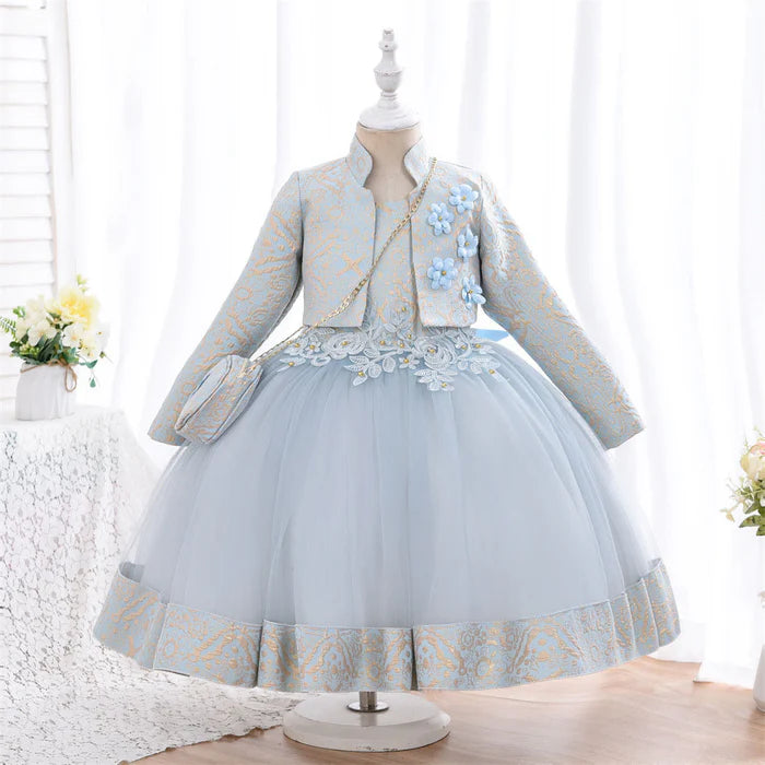 TODDLER GIRL BIRTHDAY PARTY DRESS TWO-PIECE PUFFY LONG-SLEEVED PRINCESS DRESS