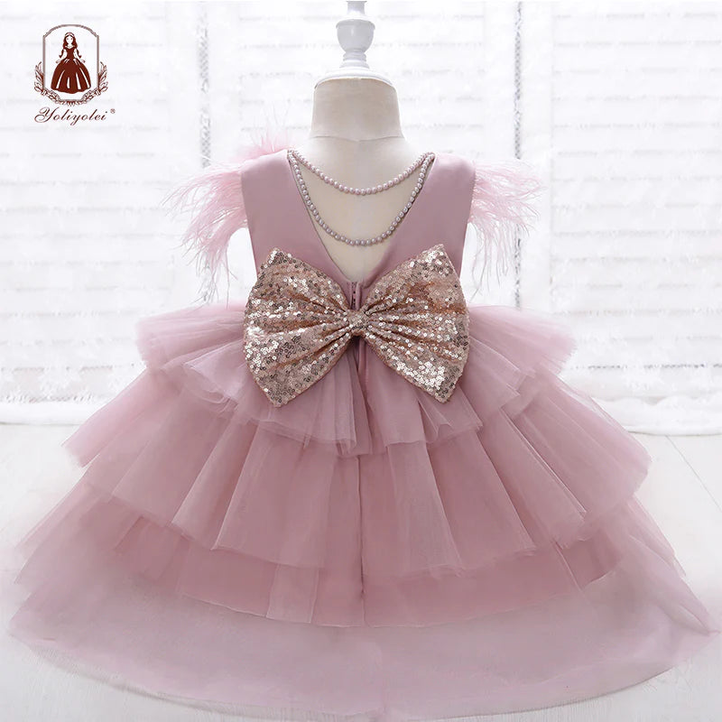 6-24-Months 1-5years New Girls Dress Sequins Layered Tulle V-Back Design With Headband Tutu Skirt Wedding Flower Girl Dress