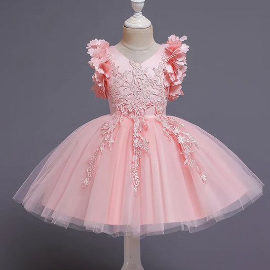 GIRLS PAGEANT PRINCESS DRESSES BABY GIRL SUMMER PETAL SLEEVE EMBROIDERED MESH FLUFFY PROM DRESS