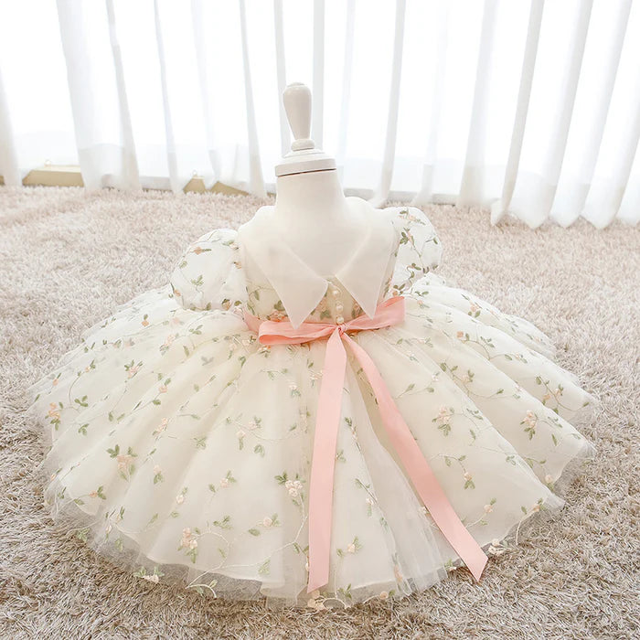 TODDLER GIRL BIRTHDAY PARTY DRESS WHITE PUFFY SLEEVES FLOWER GIRL DRESS PRINCESS DRESS