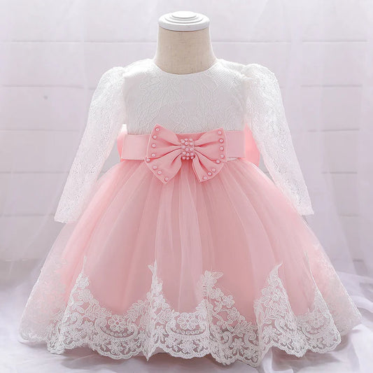 INFANT PRINCES DRESSES EASTER DRESS BABY GIRL LACE LONG SLEEVE BOW KNOT FLUFFY MESH BIRTHDAY PARTY DRESS