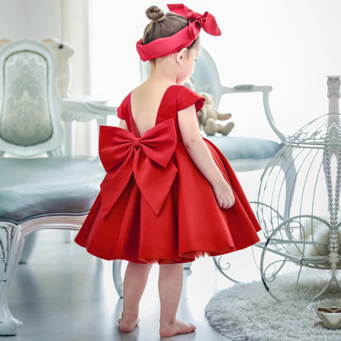 BABY GIRL CUTE PRINCESS PARTY RED BACKLESS BOW CAKE DRESS