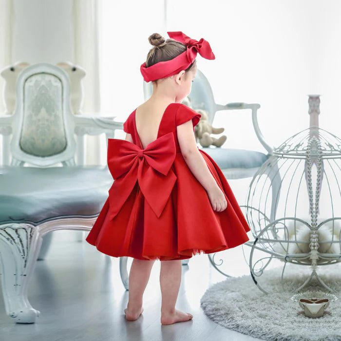 BABY GIRL CUTE PRINCESS PARTY RED BACKLESS BOW CAKE DRESS