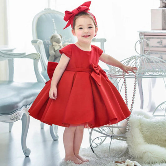 BABY GIRL CUTE PRINCESS PARTY RED BACKLESS BOW CAKE DRESS