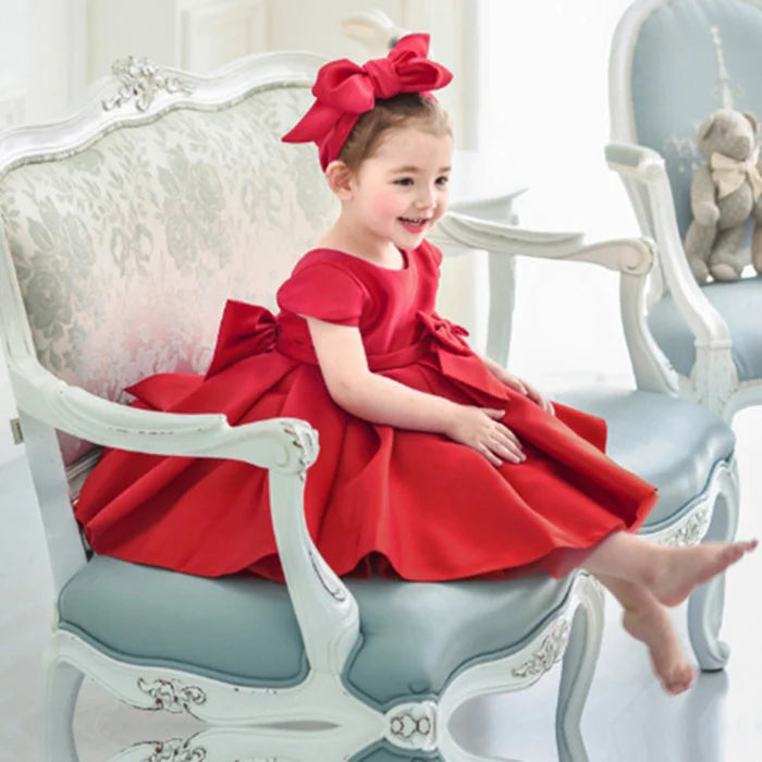 BABY GIRL CUTE PRINCESS PARTY RED BACKLESS BOW CAKE DRESS