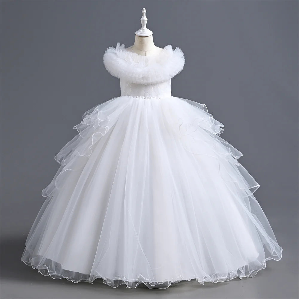 Girls Dress For Eid Flower Girl Wedding Tulle Puffy Collar Pearls Princess Elegant Birthday First Communiopn Ball Gown