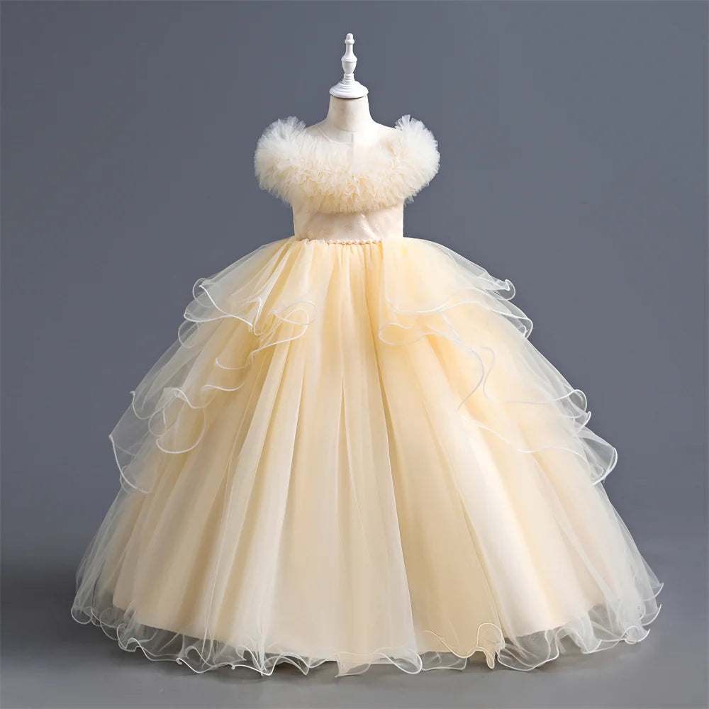 Girls Dress For Eid Flower Girl Wedding Tulle Puffy Collar Pearls Princess Elegant Birthday First Communiopn Ball Gown