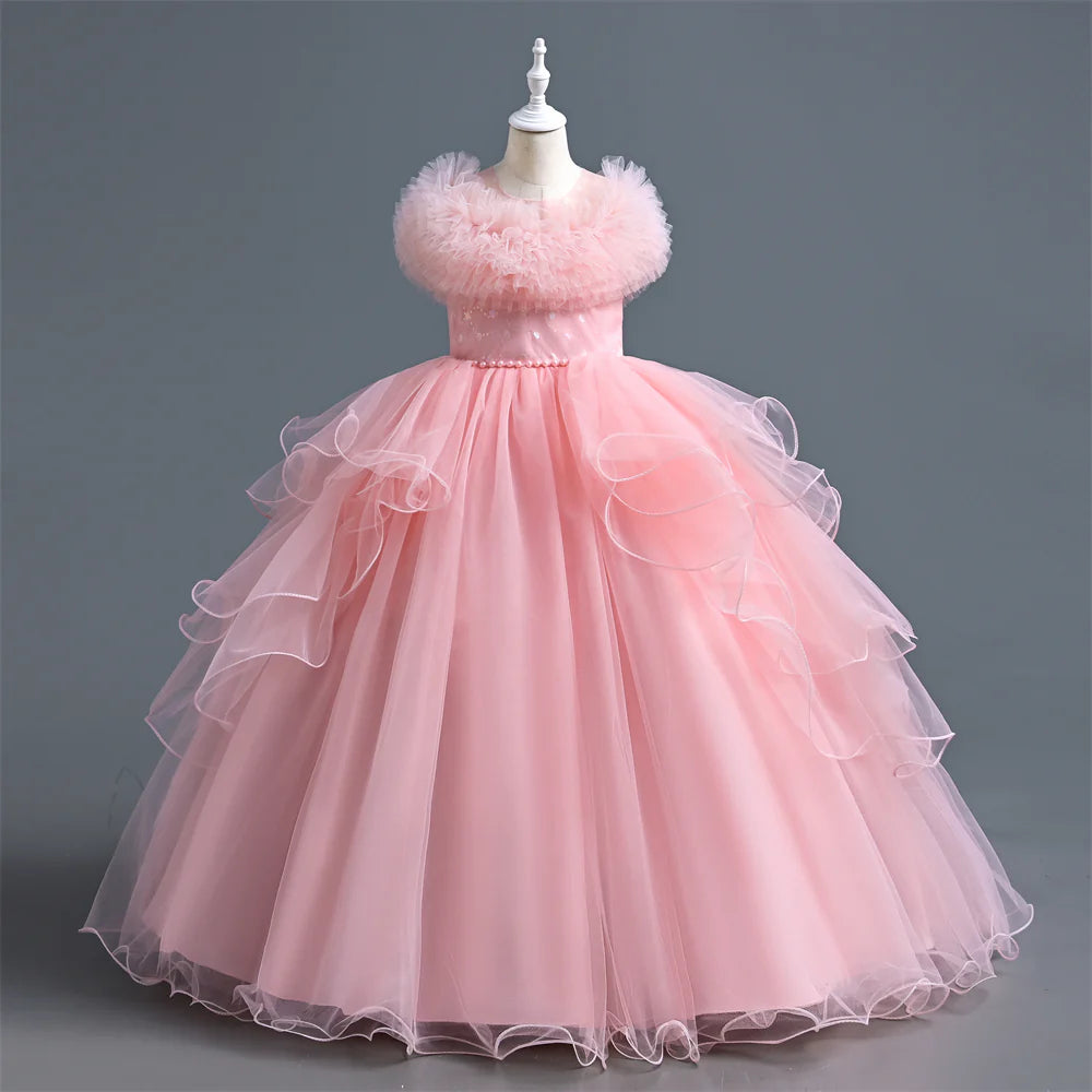 Girls Dress For Eid Flower Girl Wedding Tulle Puffy Collar Pearls Princess Elegant Birthday First Communiopn Ball Gown