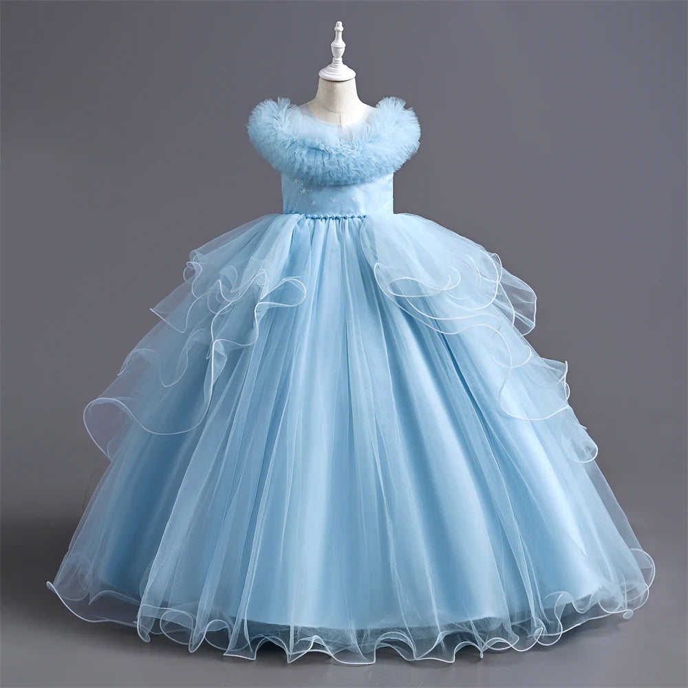 Girls Dress For Eid Flower Girl Wedding Tulle Puffy Collar Pearls Princess Elegant Birthday First Communiopn Ball Gown