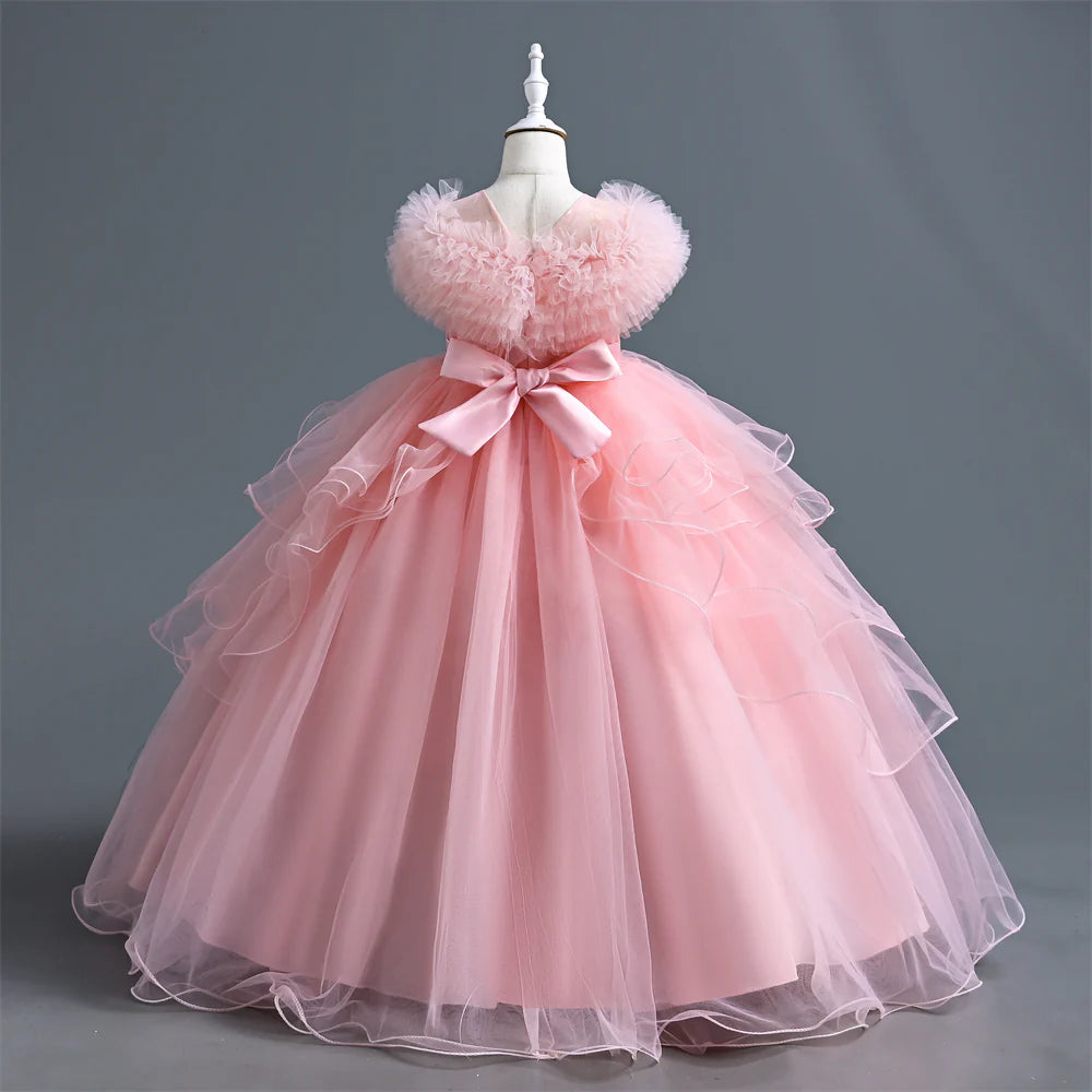 Girls Dress For Eid Flower Girl Wedding Tulle Puffy Collar Pearls Princess Elegant Birthday First Communiopn Ball Gown