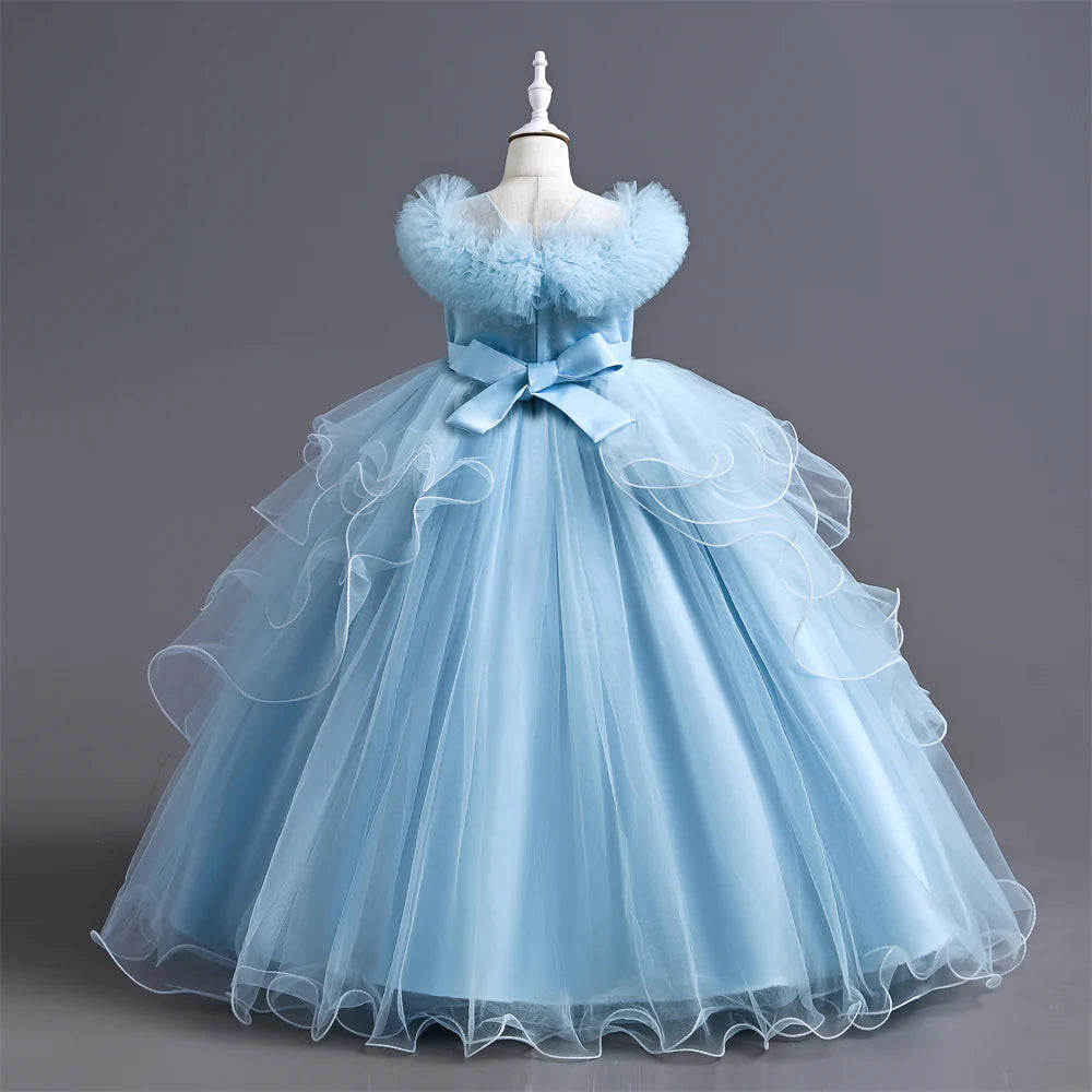 Girls Dress For Eid Flower Girl Wedding Tulle Puffy Collar Pearls Princess Elegant Birthday First Communiopn Ball Gown