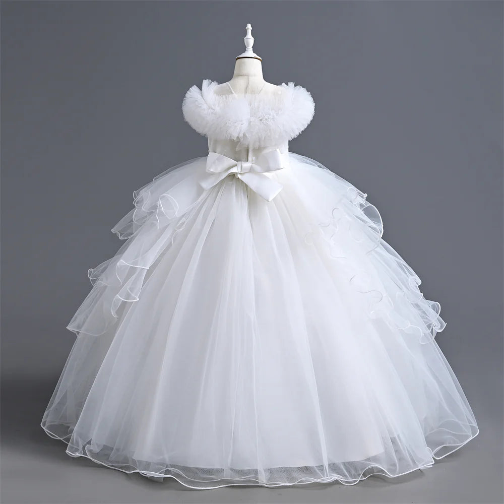 Girls Dress For Eid Flower Girl Wedding Tulle Puffy Collar Pearls Princess Elegant Birthday First Communiopn Ball Gown