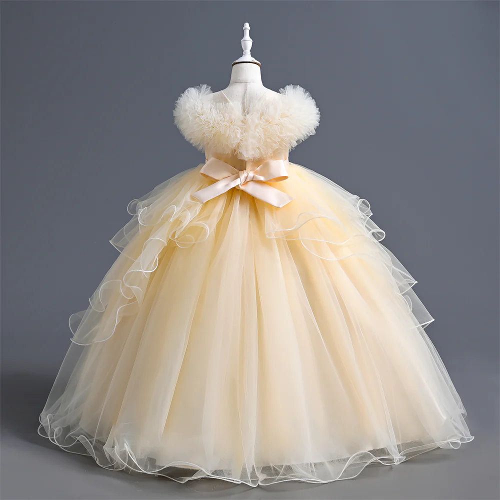 Girls Dress For Eid Flower Girl Wedding Tulle Puffy Collar Pearls Princess Elegant Birthday First Communiopn Ball Gown