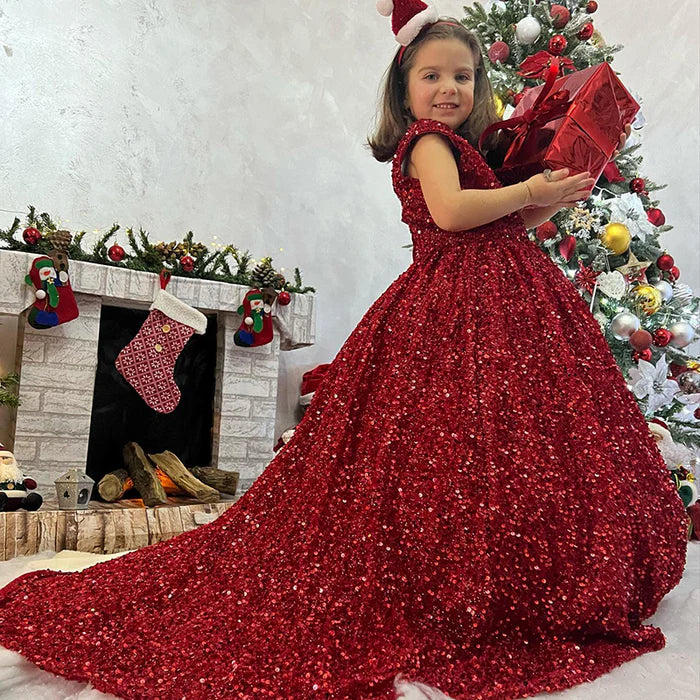 GIRL CHRISTMAS DRESS LUXURY RED SLEEVELESS TRAILING SEQUINS FLUFFY PRINCESS COMMUNION DRESS