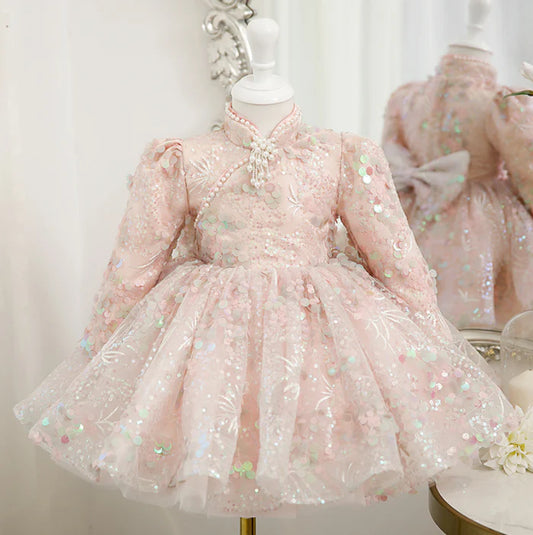 2-8 Years Pearls And Lace Sequins Girls Dress Long Sleeves Spring Winter Children Dressed For Birthday Party