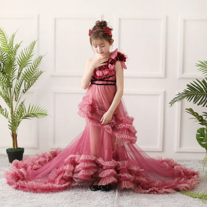 FLOWER GIRL DRESS LITTLE GIRL SUMMER GORGEOUS FLORAL TRAILING PRINCESS DRESS