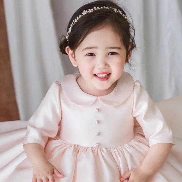 BABY GIRL PINK LONG SLEEVE DOLL COLLAR PUFFY PRINCESS PARTY DRESS