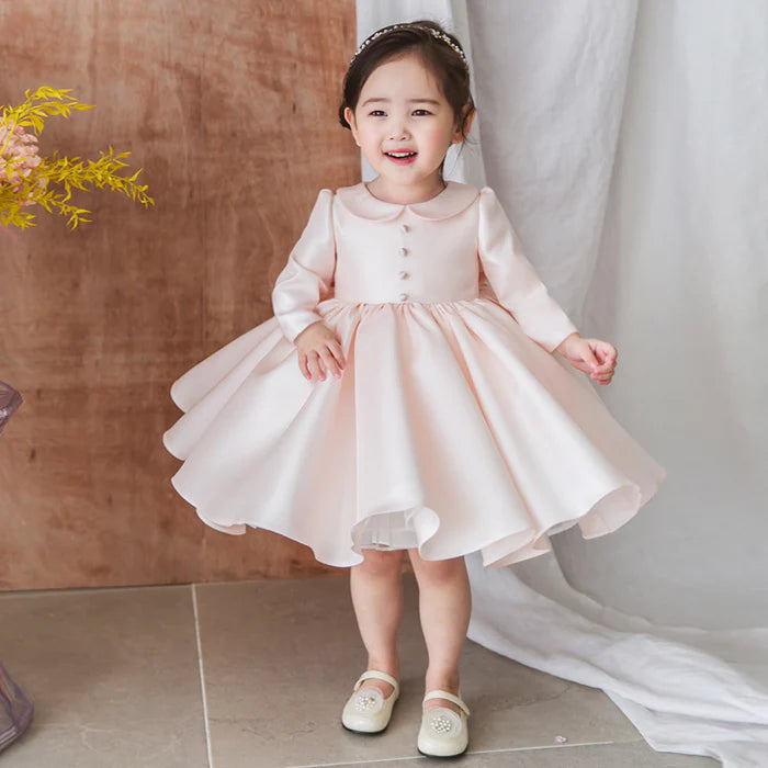 BABY GIRL PINK LONG SLEEVE DOLL COLLAR PUFFY PRINCESS PARTY DRESS