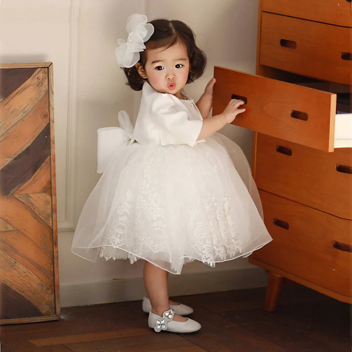 BAPTISM DRESSES BABY GIRL WHITE PUFFY BOW BIRTHDAY PARTY GIRL FORMAL PRINCESS