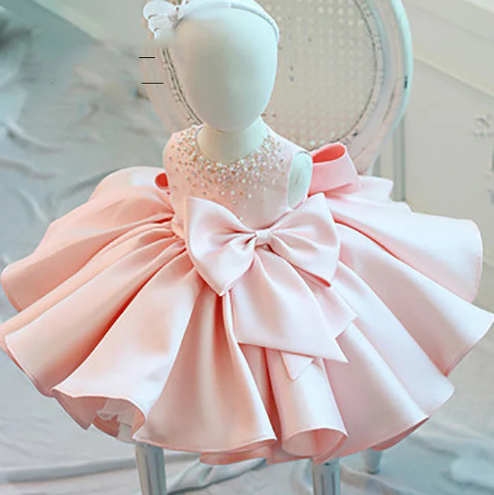 FIRST COMMUNION DRESS BABY GIRL FORMAL PRINCESS DRESS TODDLER BOW BEADED PUFFY FLOWER GIRL DRESS BIRTHDAY DRESS