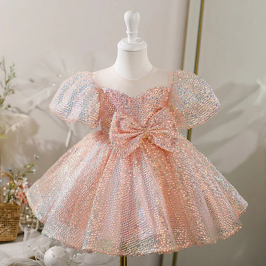 BABY GIRL DRESS TODDLER PROM PUFF SLEEVES BOW SEQUINS BIRTHDAY CAKE PRINCESS DRESS