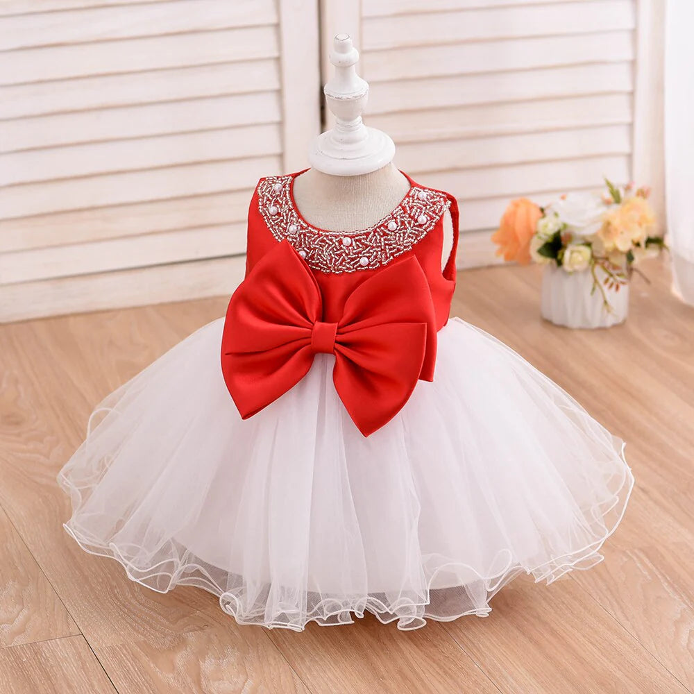 6 To 24 Month European Style Newborn Baby Beading Dress Polyester Kid Children Princess Girl Dress With Big Bow