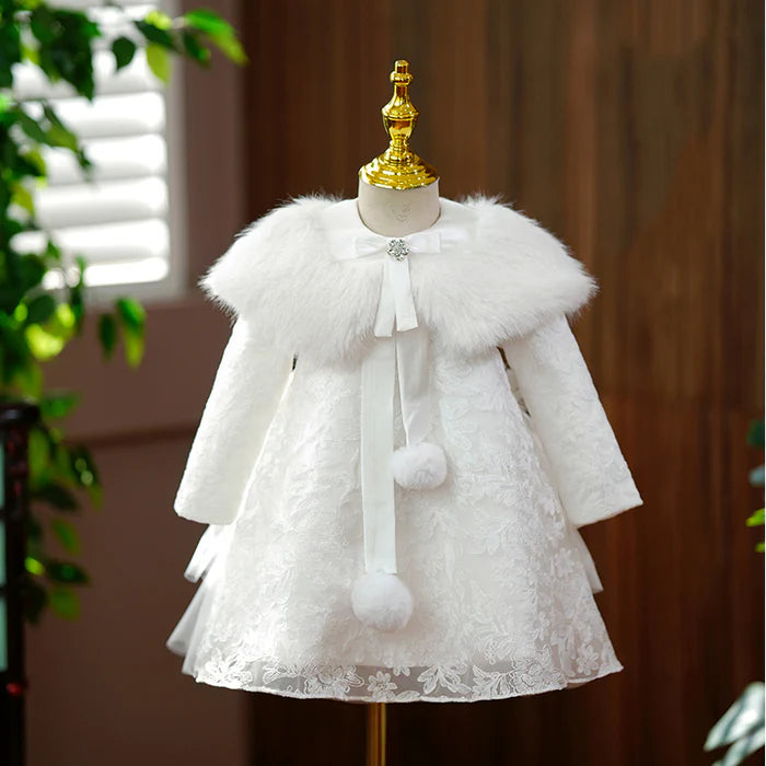 BABY GIRL AUTUMN WINTER FLOWER DRESS GIRL PLUSH LACE LONG SLEEVE BAPTISM PRINCESS DRESS