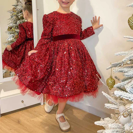 GIRL CHRISTMAS DRESS TODDLER GIRL DRESS CUTE WINE RED SEQUINS LONG SLEEVE BIRTHDAY PARTY DRESS