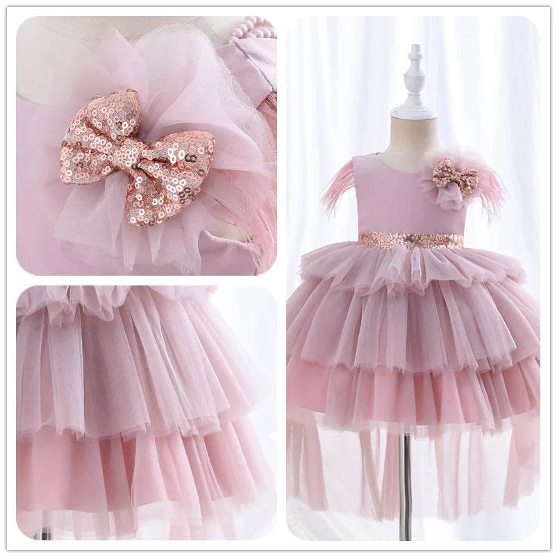 6-24-Months 1-5years New Girls Dress Sequins Layered Tulle V-Back Design With Headband Tutu Skirt Wedding Flower Girl Dress