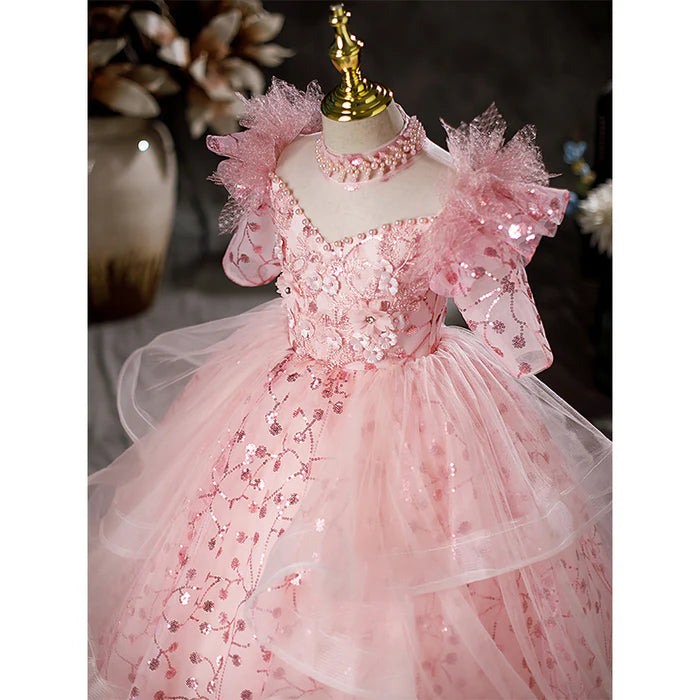 FLOWER GIRL DRESS CHILDREN EASTER COMMUNION DRESS SUMMER PINK SEQUINS PRINCESS DRESS