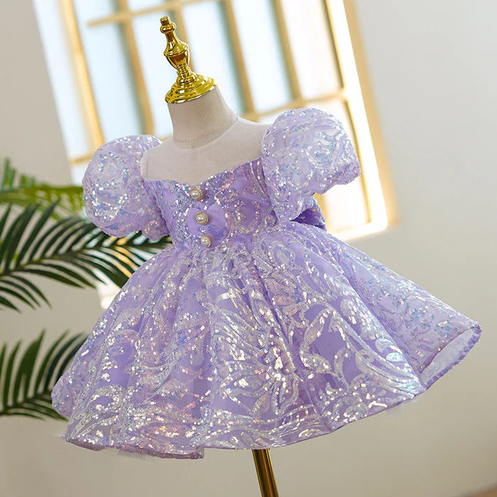 BABY GIRL FORMAL PRINCESS DRESS TODDLER PURPLE SEQUIN PUFF SLEEVE BIRTHDAY DRESS  (1)