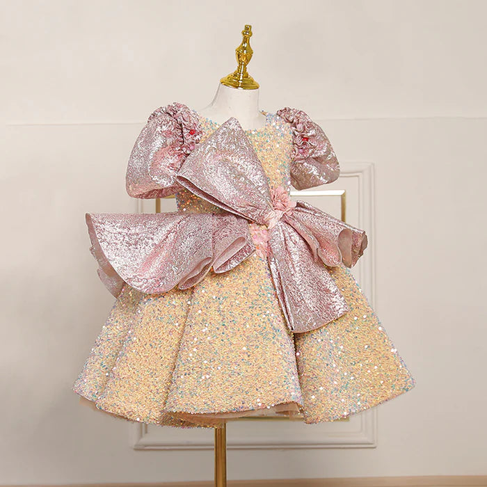 TODDLER PROM DRESS GIRL LUXURIOUS SEQUIN BIG BOW PUFF SLEEVES PRINCESS BIRTHDAY DRESS