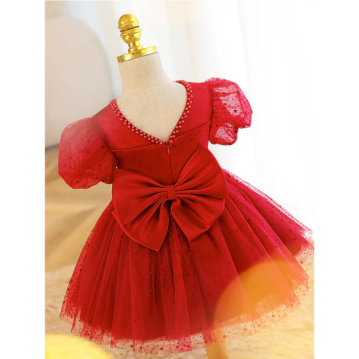 GIRL CHRISTMAS DRESS BABY GIRL DRESS TODDLER PROM SUMMER RED STAR PUFF SLEEVE BOW PRINCESS PARTY DRESS