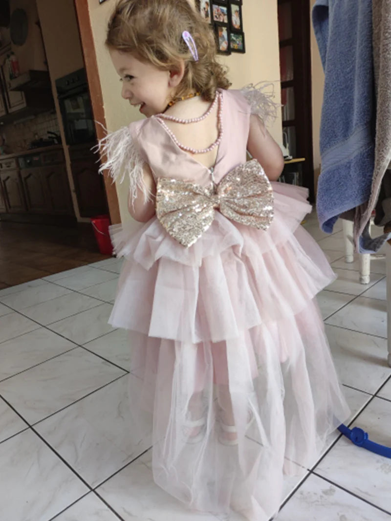 6-24-Months 1-5years New Girls Dress Sequins Layered Tulle V-Back Design With Headband Tutu Skirt Wedding Flower Girl Dress