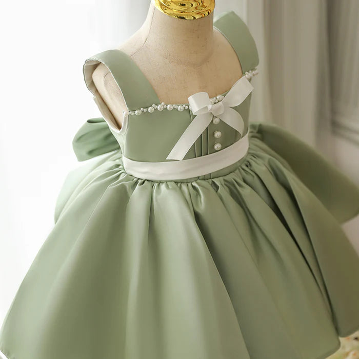 TODDLER PROM DRESS GIRL EASTER DRESS BIRTHDAY PARTY DRESS GREEN BOW SLEEVELESS DRESS