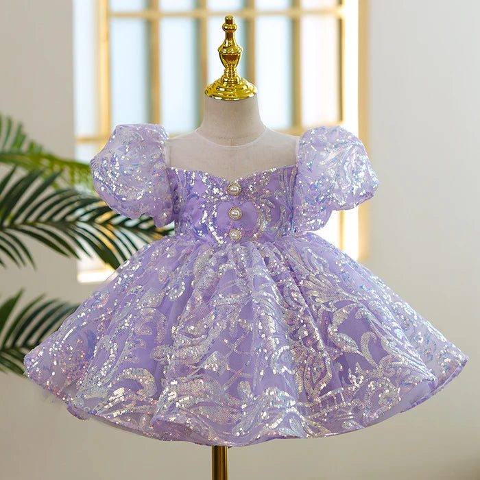 BABY GIRL FORMAL PRINCESS DRESS TODDLER PURPLE SEQUIN PUFF SLEEVE BIRTHDAY DRESS  (1)