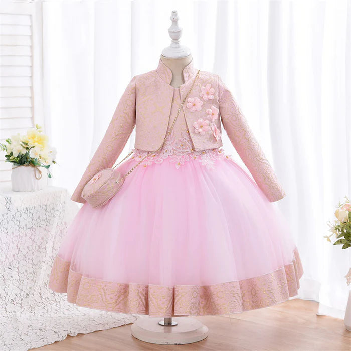 TODDLER GIRL BIRTHDAY PARTY DRESS TWO-PIECE PUFFY LONG-SLEEVED PRINCESS DRESS