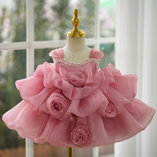 ELEGANT BABY GIRLS PINK FLOWER GIRL ONE-YEAR-OLD PRINCESS TODDLER BEAUTY PAGEANT DRESS