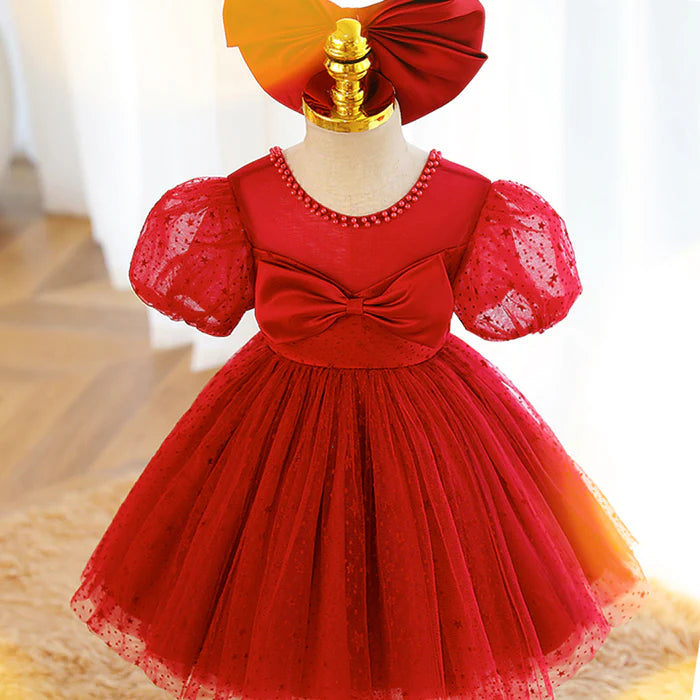 GIRL CHRISTMAS DRESS BABY GIRL DRESS TODDLER PROM SUMMER RED STAR PUFF SLEEVE BOW PRINCESS PARTY DRESS