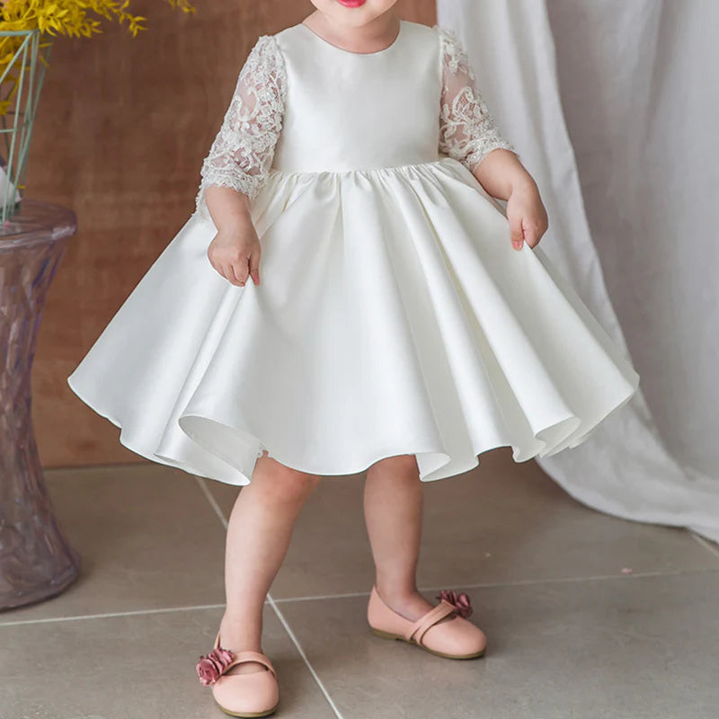 BABY GIRL AND TODDLER WHITE LACE SLEEVE PUFFED CHRISTENING DRESS