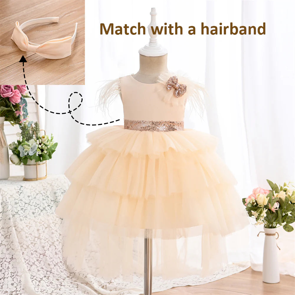 6-24-Months 1-5years New Girls Dress Sequins Layered Tulle V-Back Design With Headband Tutu Skirt Wedding Flower Girl Dress