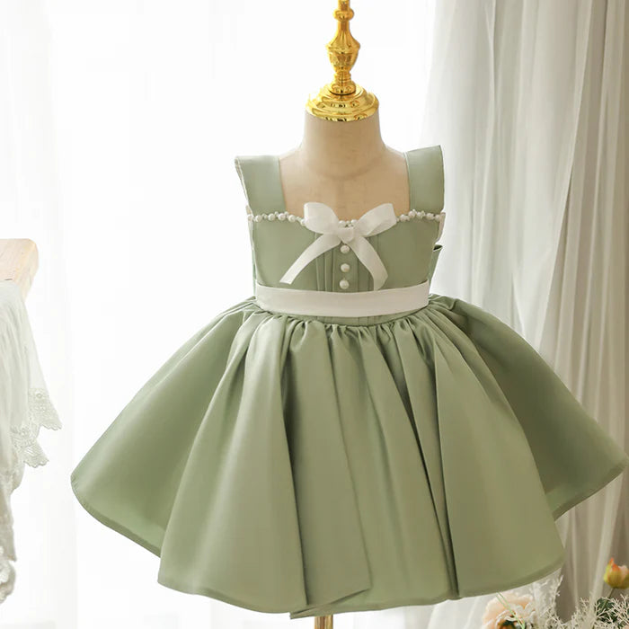 TODDLER PROM DRESS GIRL EASTER DRESS BIRTHDAY PARTY DRESS GREEN BOW SLEEVELESS DRESS