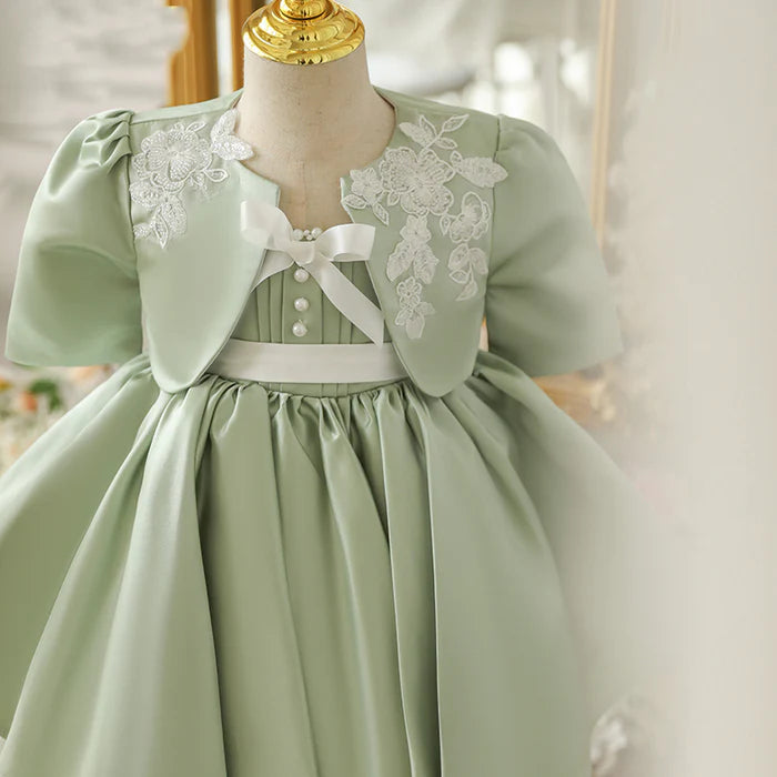 TODDLER PROM DRESS GIRL EASTER DRESS BIRTHDAY PARTY DRESS GREEN BOW SLEEVELESS DRESS