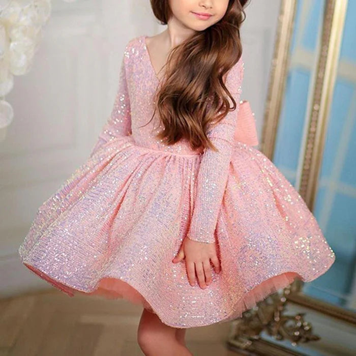 GIRL FORMAL PRINCESS DRESSES BABY GIRL LONG SLEEVE SEQUINS LACE BEADED PAGEANT DRESS