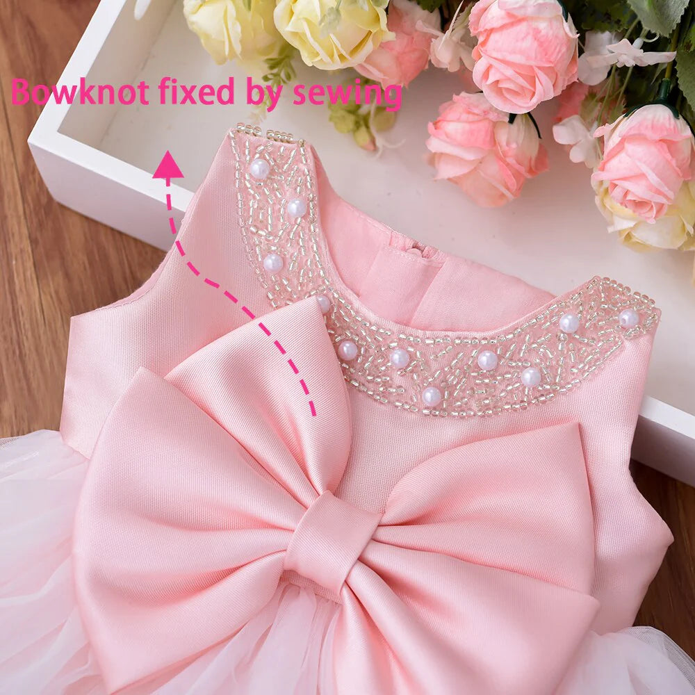 6 To 24 Month European Style Newborn Baby Beading Dress Polyester Kid Children Princess Girl Dress With Big Bow